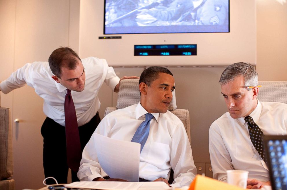 PHOTO: In this photo provided by The White House, President Barack Obama meets with Deputy National Security Adviser for Strategic Communications Denis McDonough (R) and speechwriter Ben Rhodes on Air Force One, June 4, 2009 on route to Cairo, Egypt.