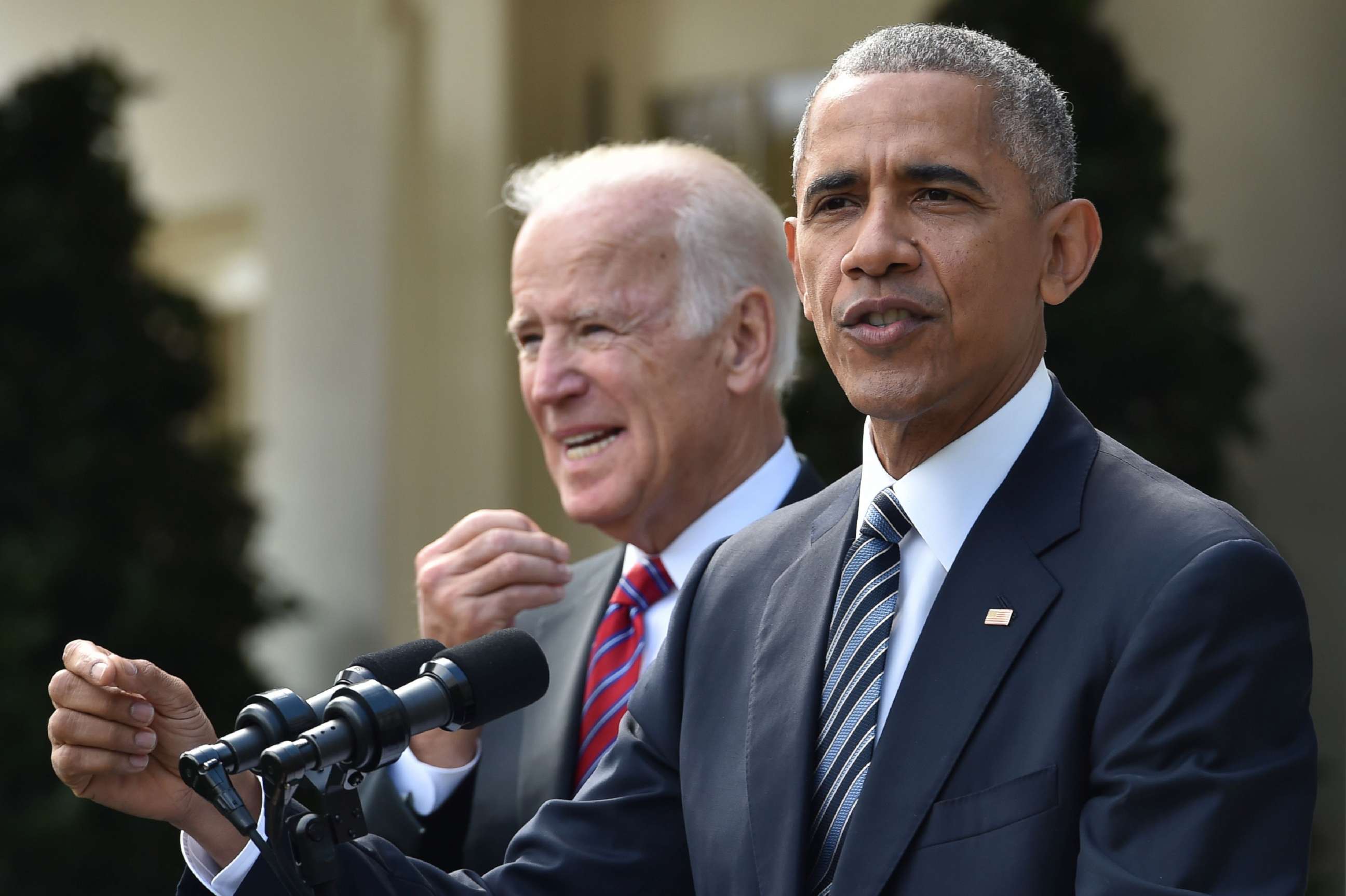 PHOTO: In this file photo taken on Nov. 9, 2016, President Barack Obama together with Vice President Joe Biden addresses the nation publicly for the first time since the election of Donald Trump as his successor, at the White House in Washington, D.C.