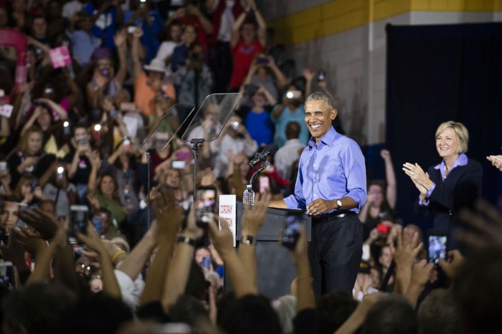 PHOTO: Former President Barack Obama speaks during a campaign rally for Ohio Gubernatorial candidate Richard Cordray at CMSD East Professional Center Gymnasium on Sept. 13, 2018 in Cleveland.