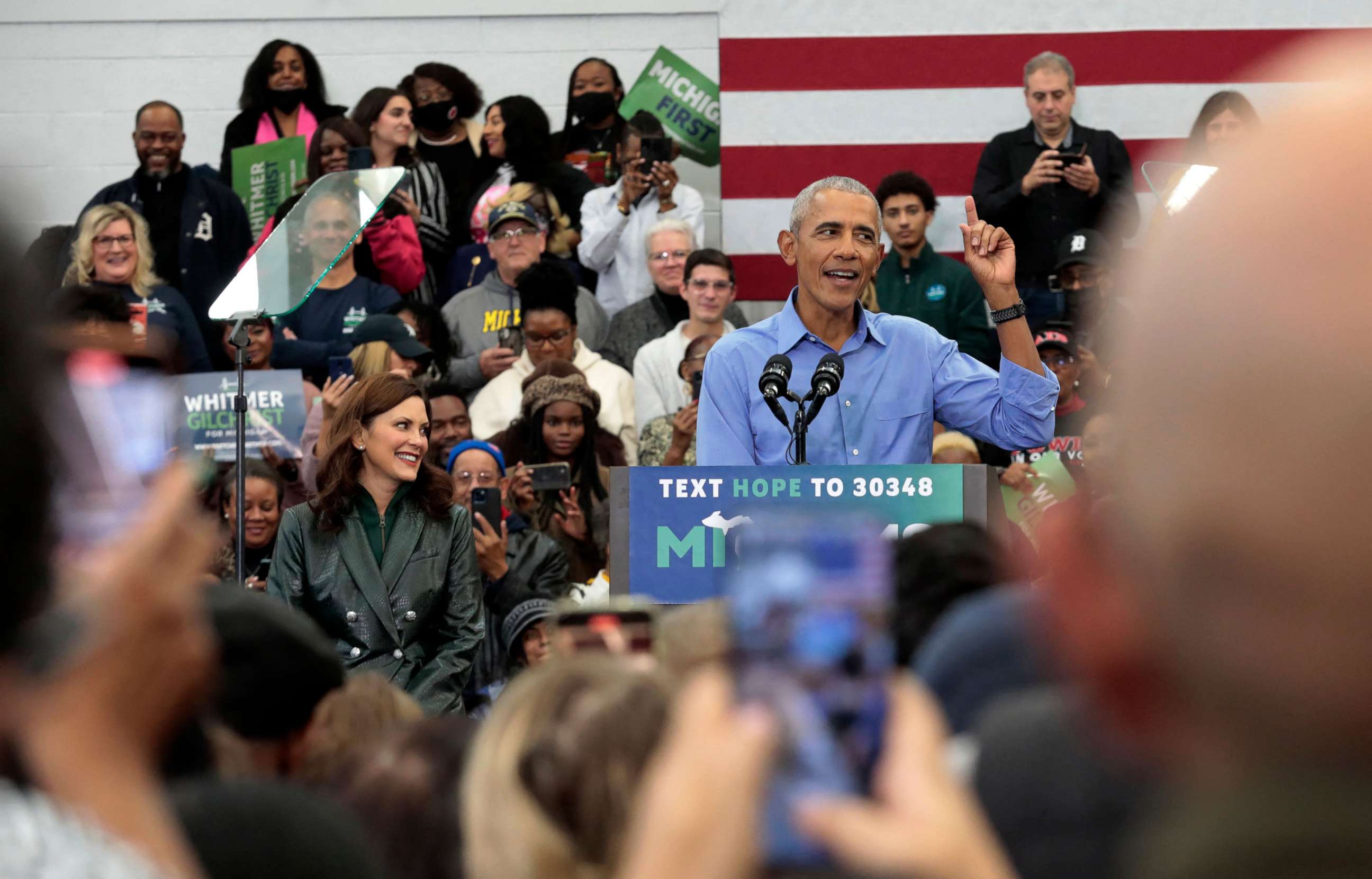 PHOTO: Former President Barack Obama campaigns for Michigan Governor Gretchen Whitmer during a "Get Out the Vote Rally" ahead of the midterm elections, at Renaissance High School in Detroit, Michigan, October 29, 2022.