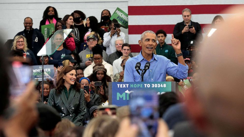 PHOTO: Former President Barack Obama campaigns for Michigan Governor Gretchen Whitmer during a "Get Out the Vote Rally" ahead of the midterm elections, at Renaissance High School in Detroit, Michigan, October 29, 2022.