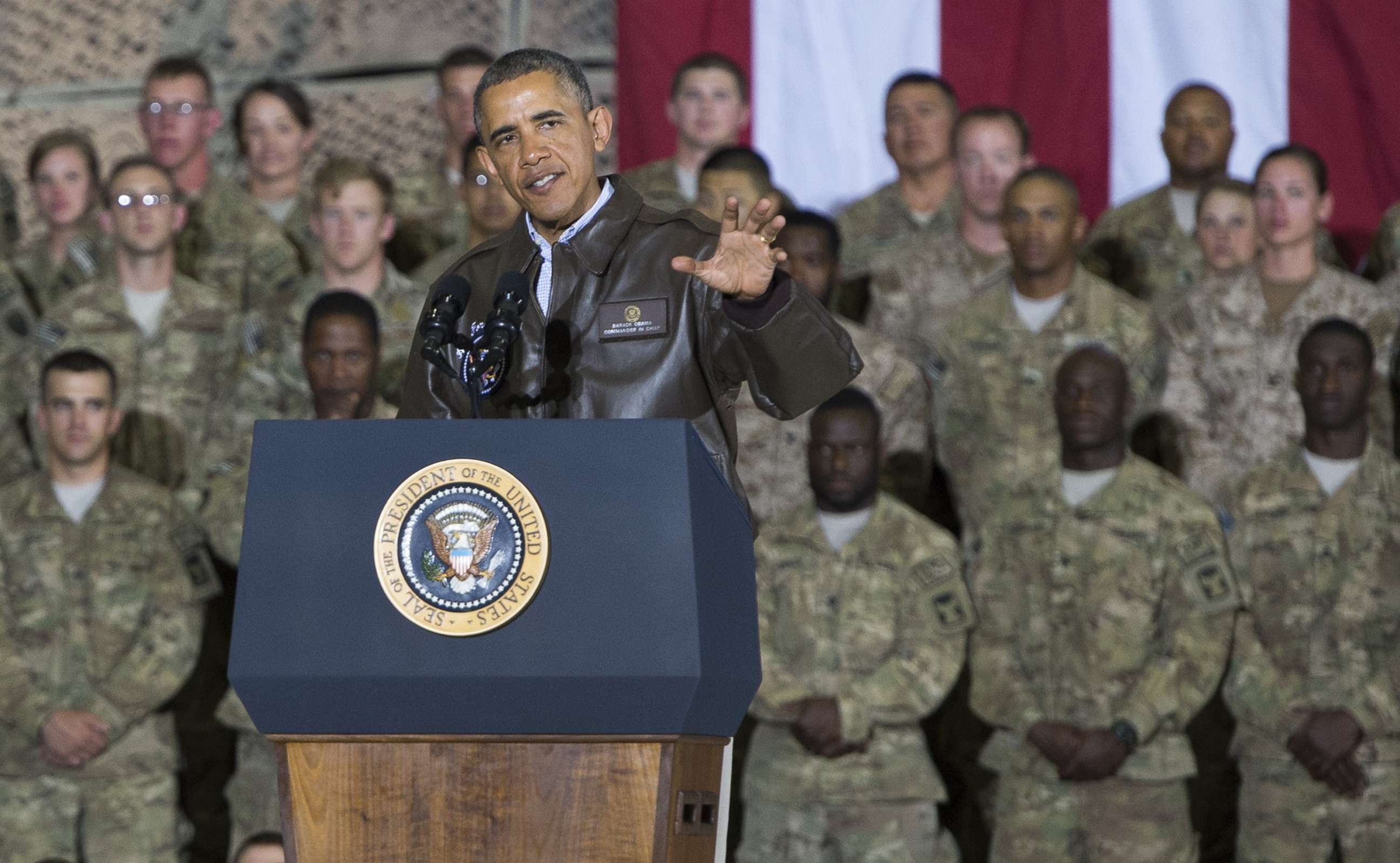 PHOTO: President Barack Obama speaks during a surprise visit with U.S. troops at Bagram Air Field, north of Kabul, in Afghanistan, May 25, 2014, prior to the Memorial Day holiday. 