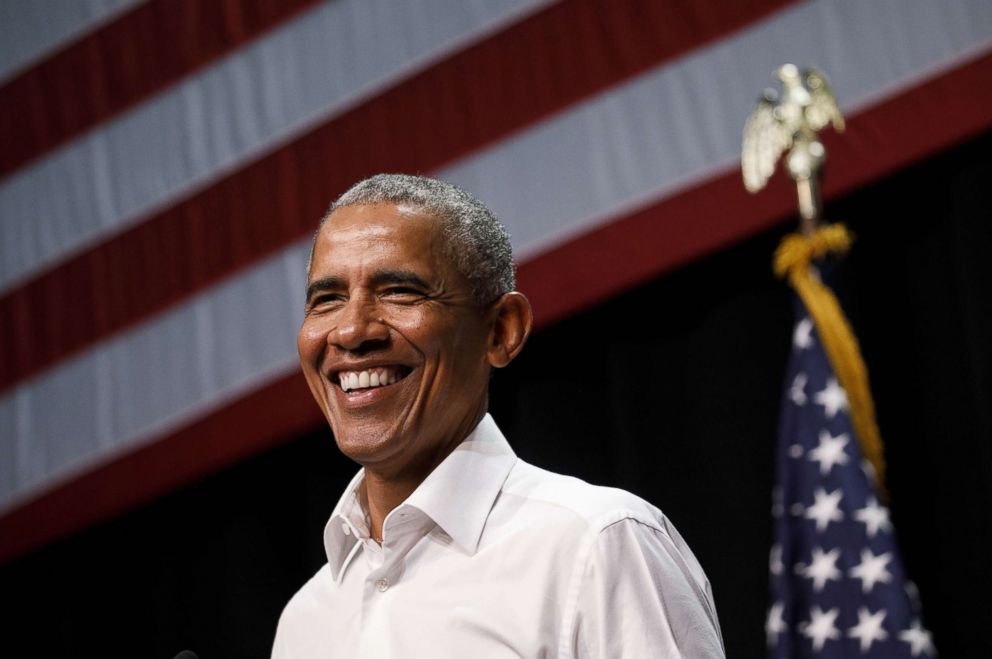 PHOTO: Former President Barack Obama smiles during a campaign rally in Anaheim, Calif., Sept. 8, 2018.