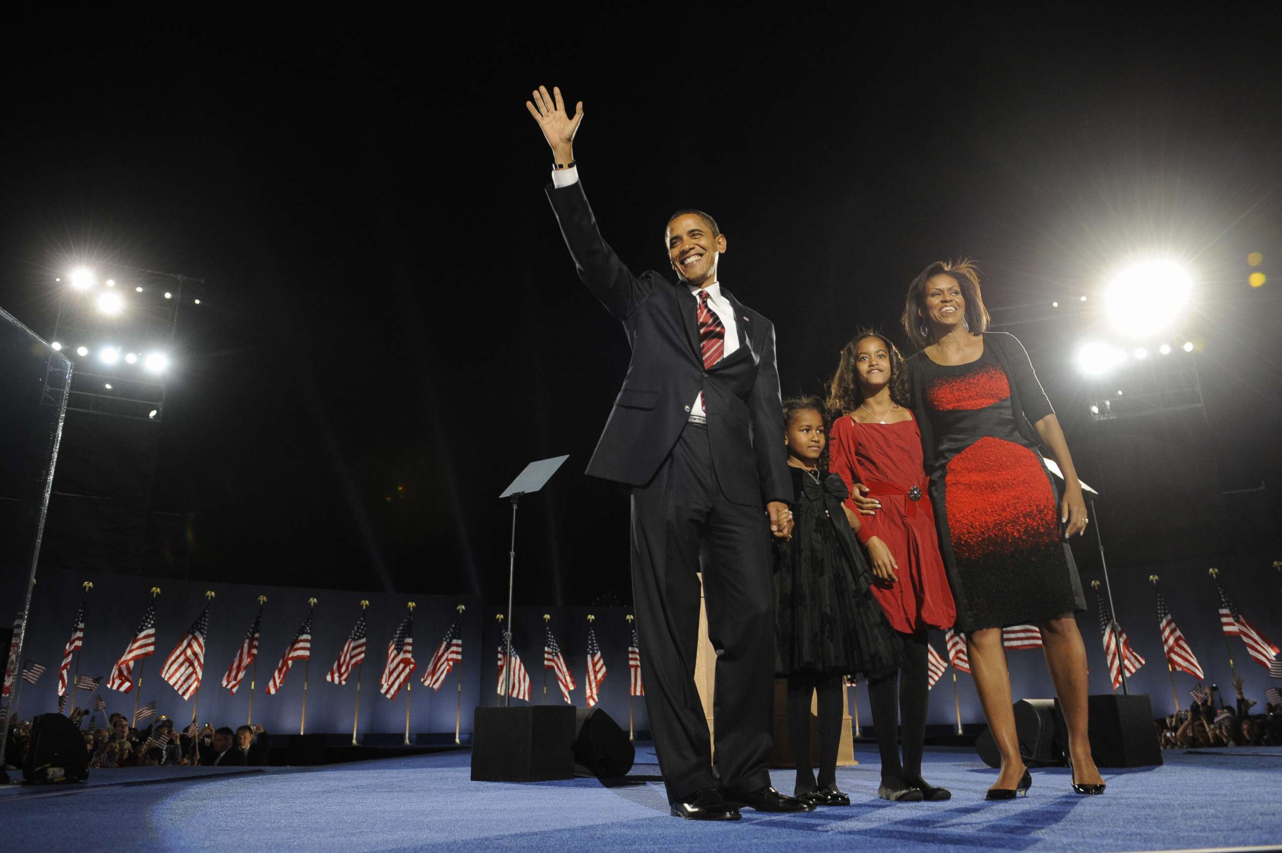 PHOTO: Democratic presidential candidate Barack Obama and his family arrive on stage for his election night victory rally at Grant Park, Nov. 4, 2008 in Chicago.
