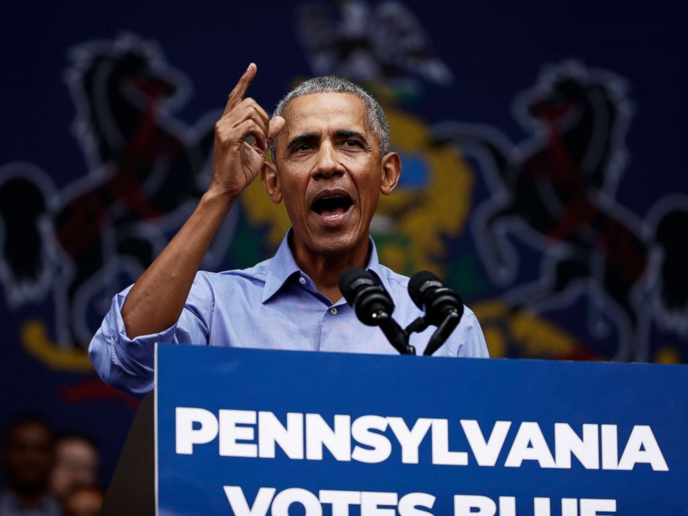 PHOTO: Former President Barack Obama speaks as he campaigns in support of Pennsylvania candidates in Philadelphia, Sept. 21, 2018.