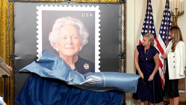First lady Melania Trump and Dorothy Bush Koch unveil a U.S. Postal Service Stamp honoring former first lady Barbara Bush, on May 8, 2025, in the East Room of the White House in Washington, D.C.