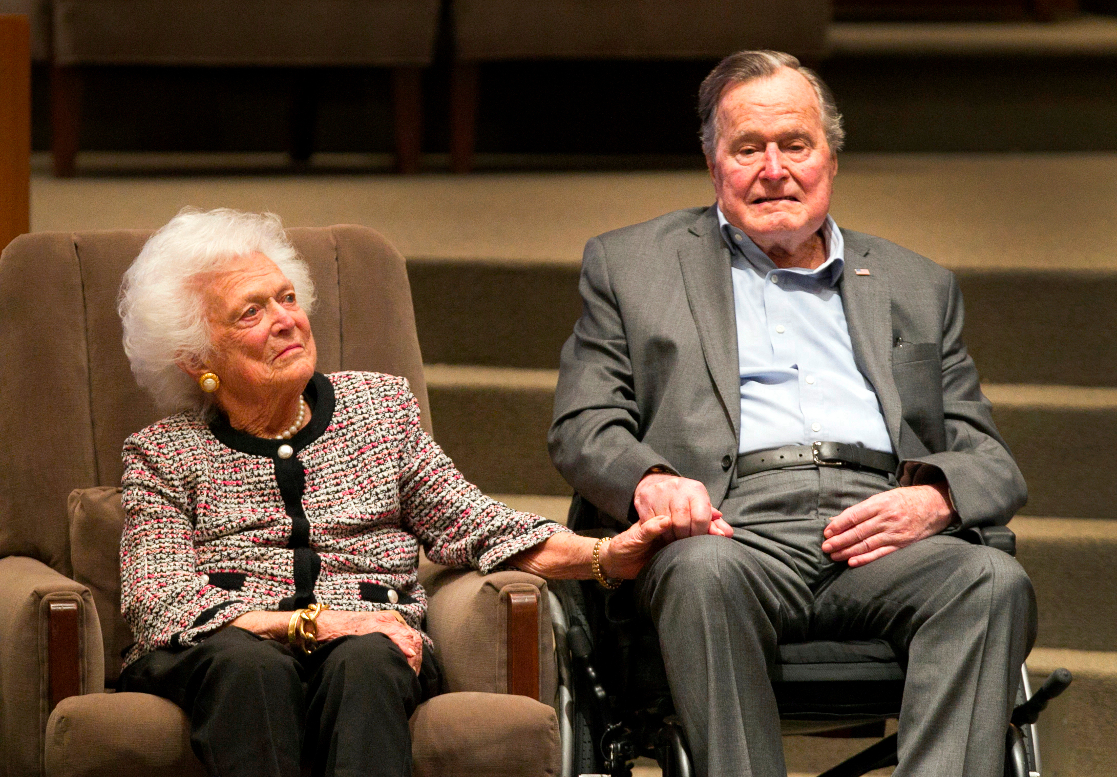 PHOTO: In this March 8, 2017, file photo, the Mensch International Foundation presented its annual Mensch Award to former President George H.W. Bush and former first lady Barbara Bush at an awards ceremony hosted by Congregation Beth Israel in Houston.