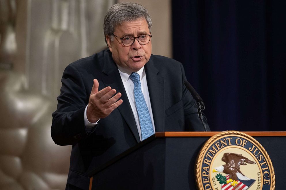 PHOTO: US Attorney General William Barr speaks during the Summit on Combating Anti-Semitism  at the Department of Justice in Washington, DC, July 15, 2019.