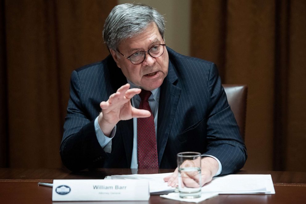 PHOTO: US Attorney General Bill Barr speaks during a roundtable meeting on seniors with US President Donald Trump in the Cabinet Room at the White House in Washington, June 15, 2020.