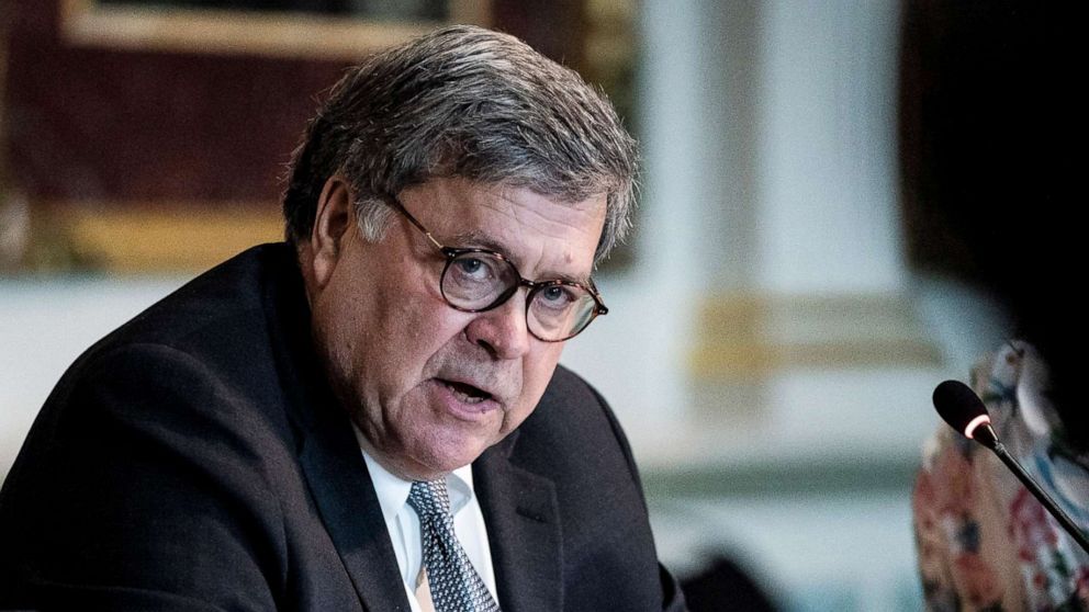 PHOTO: Attorney General William Barr speaks during an event at the White House in Washington, Aug 04, 2020.