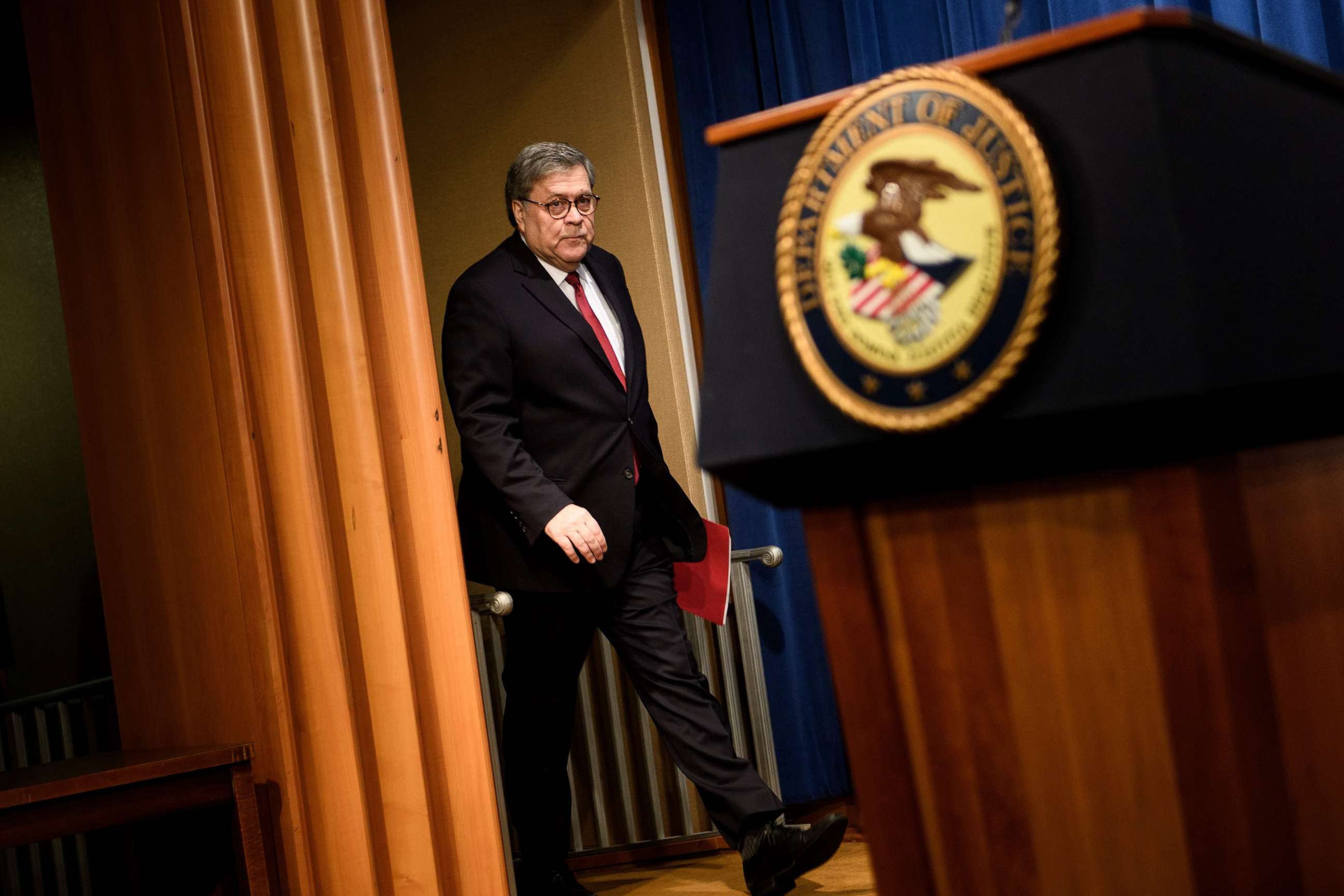 PHOTO: Attorney General William Barr arrives for a press conference about the release of the Mueller Report at the Department of Justice, April 18, 2019, in Washington, D.C. 