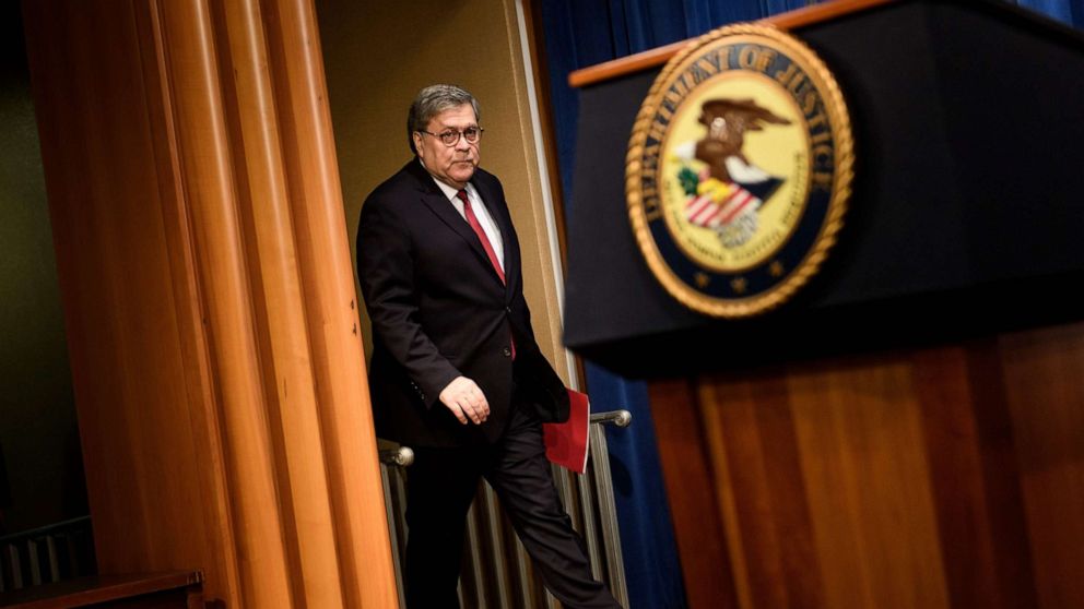 PHOTO: Attorney General William Barr arrives for a press conference about the release of the Mueller Report at the Department of Justice, April 18, 2019, in Washington, D.C. 