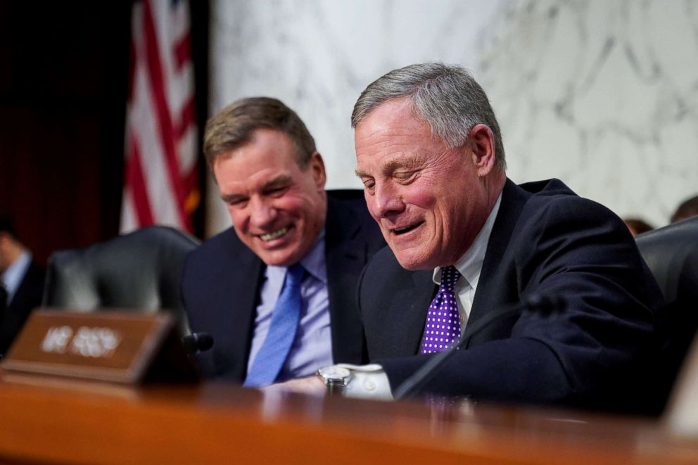 PHOTO: Chairman of the Senate Intelligence Committee Richard Burr (R-NC) and vice-chairman Mark Warner (D-VA) prepare for a hearing about "worldwide threats" on Capitol Hill, Jan. 29, 2019.  