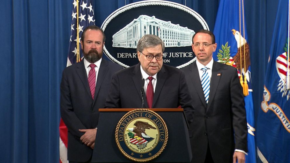 PHOTO: Attorney General William Barr speaks to the press from the Department of Justice, April 18, 2019.