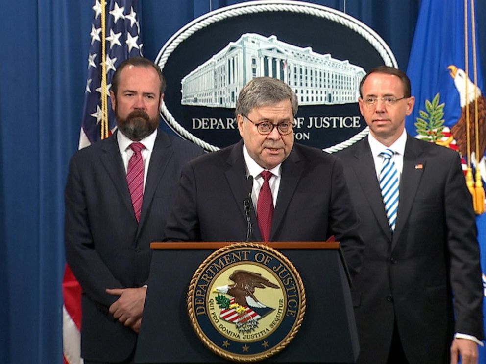 PHOTO: Attorney General William Barr speaks to the press from the Department of Justice, April 18, 2019.