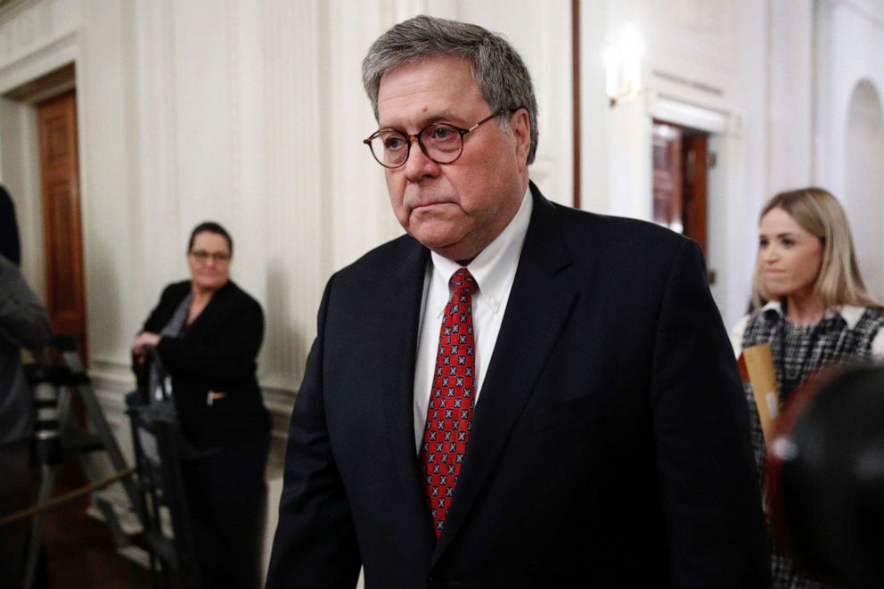 PHOTO: Attorney General William Barr arrives before President Donald Trump presents the Medal of Freedom to former Vice Chief of Staff of the Army Gen. Jack Keane in the East Room of the White House in Washington, March 10, 2020. 