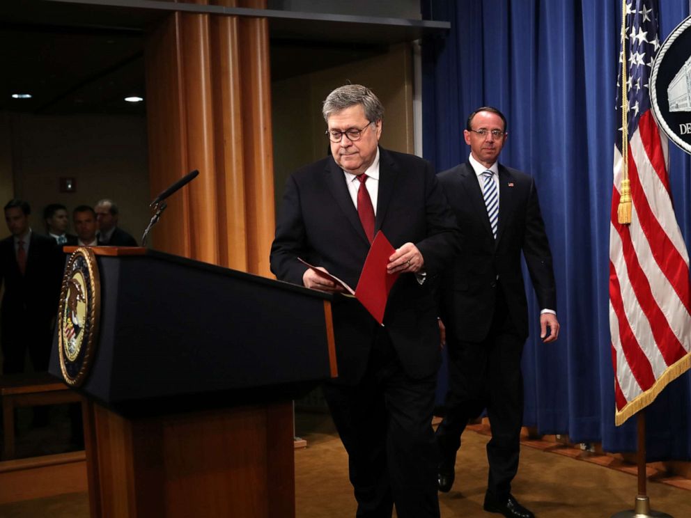 PHOTO: U.S. Attorney General William Barr and U.S. Deputy Attorney General Rod Rosenstein arrive to speak about the release of the redacted version of the Mueller report at the Department of Justice, April 18, 2019 in Washington, D.C.
