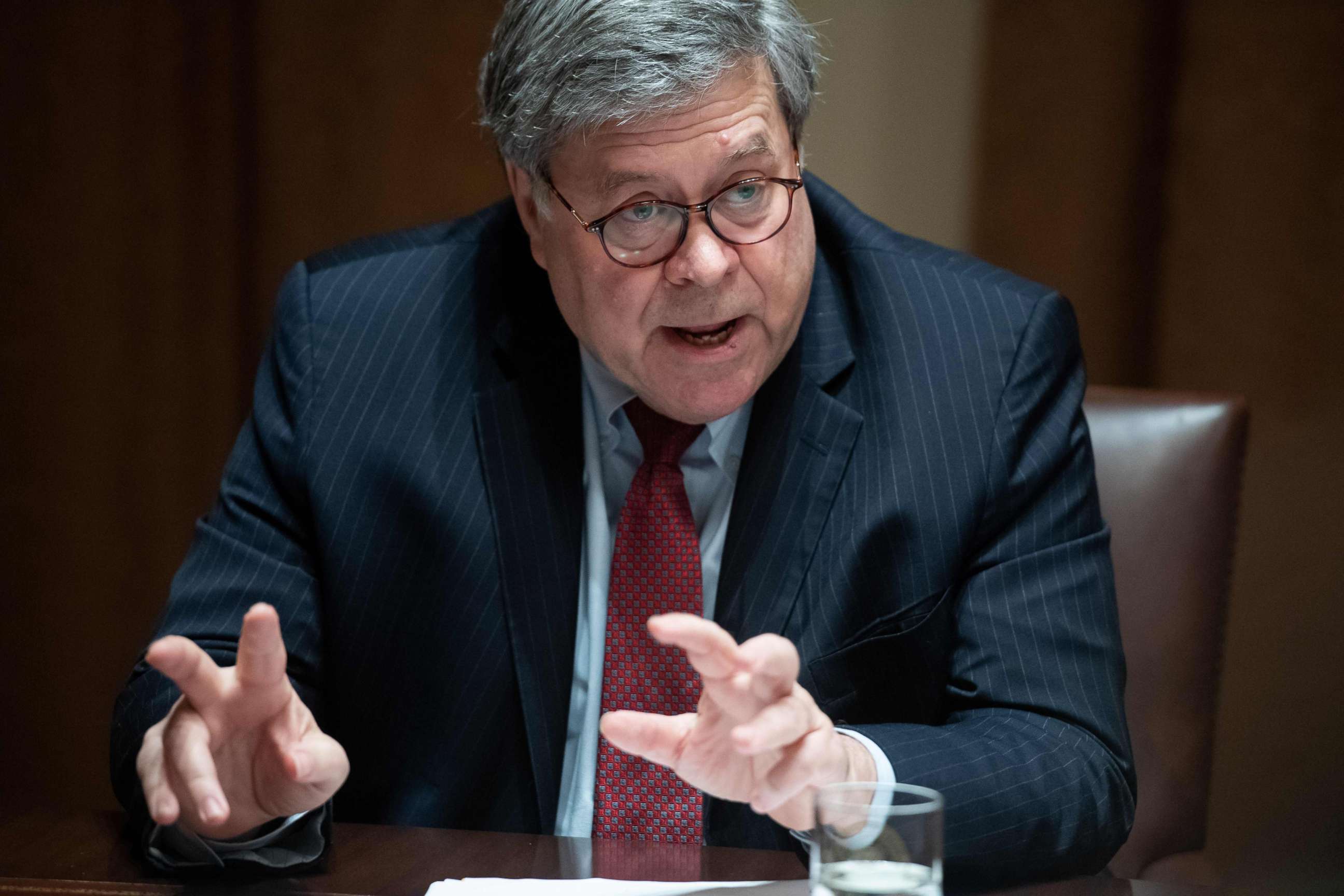 PHOTO: Attorney General Bill Barr speaks during a roundtable meeting with President Donald Trump in the Cabinet Room at the White House in Washington, June 15, 2020.