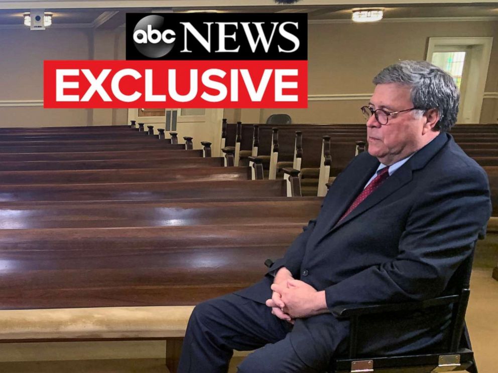PHOTO: ABC's Pierre Thomas interviews Attorney General William Barr, July 8, 2020.