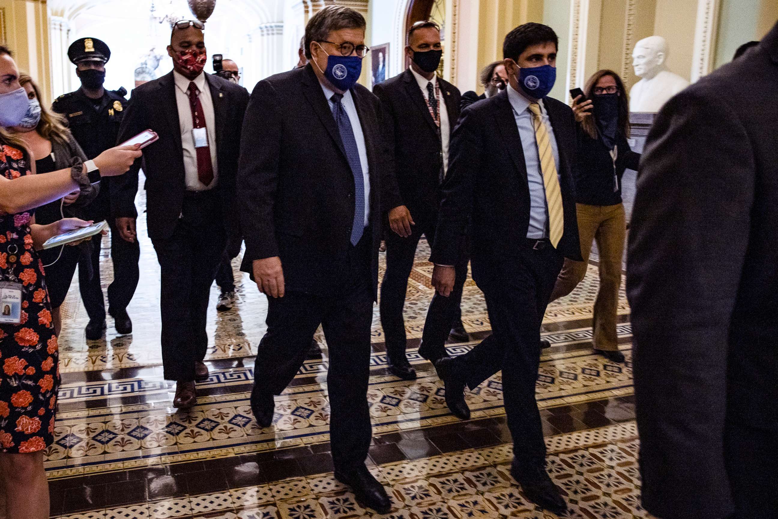 PHOTO: Attorney General Bill Barr leaves the U.S. Capitol after meeting with Senate Majority Leader Mitch McConnell in his office, Nov. 9, 2020 in Washington, D.C.