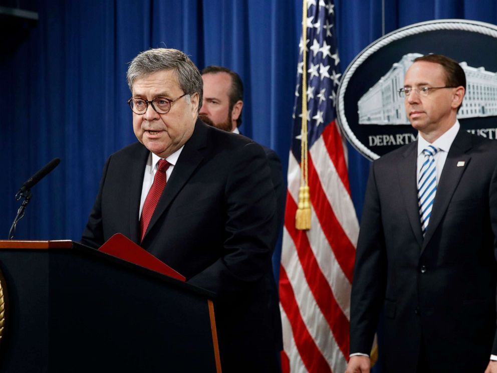PHOTO: Attorney General William Barr speaks about the release of a redacted version of special counsel Robert Muellers report during a news conference, April 18, 2019, at the Department of Justice in Washington, D.C.