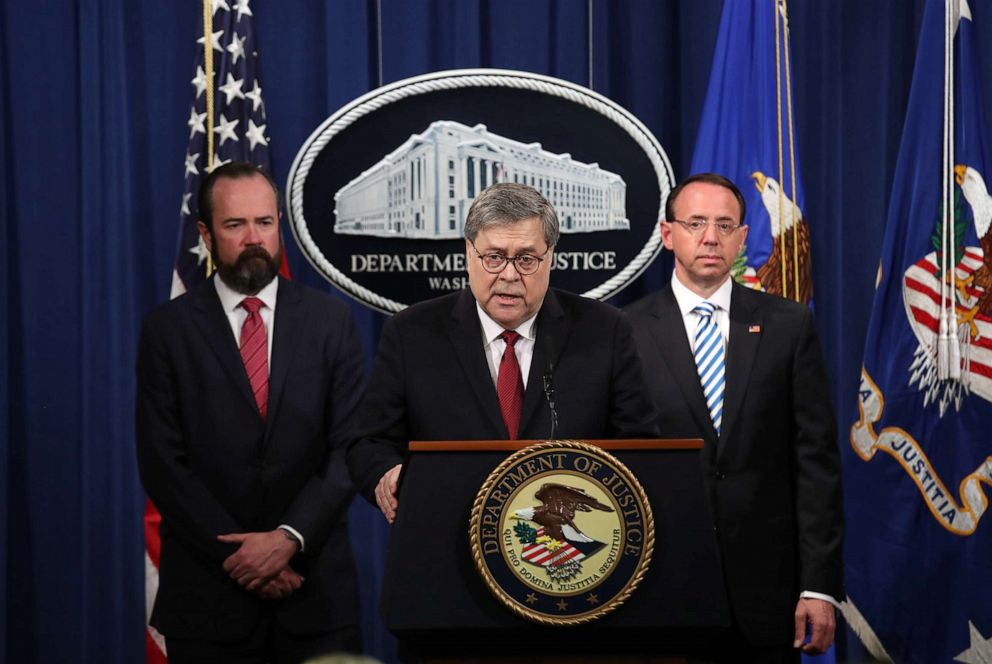 PHOTO: Attorney General William Barr speaks about the release of the redacted version of the Mueller report  at the Department of Justice, April 18, 2019, in Washington, D.C.