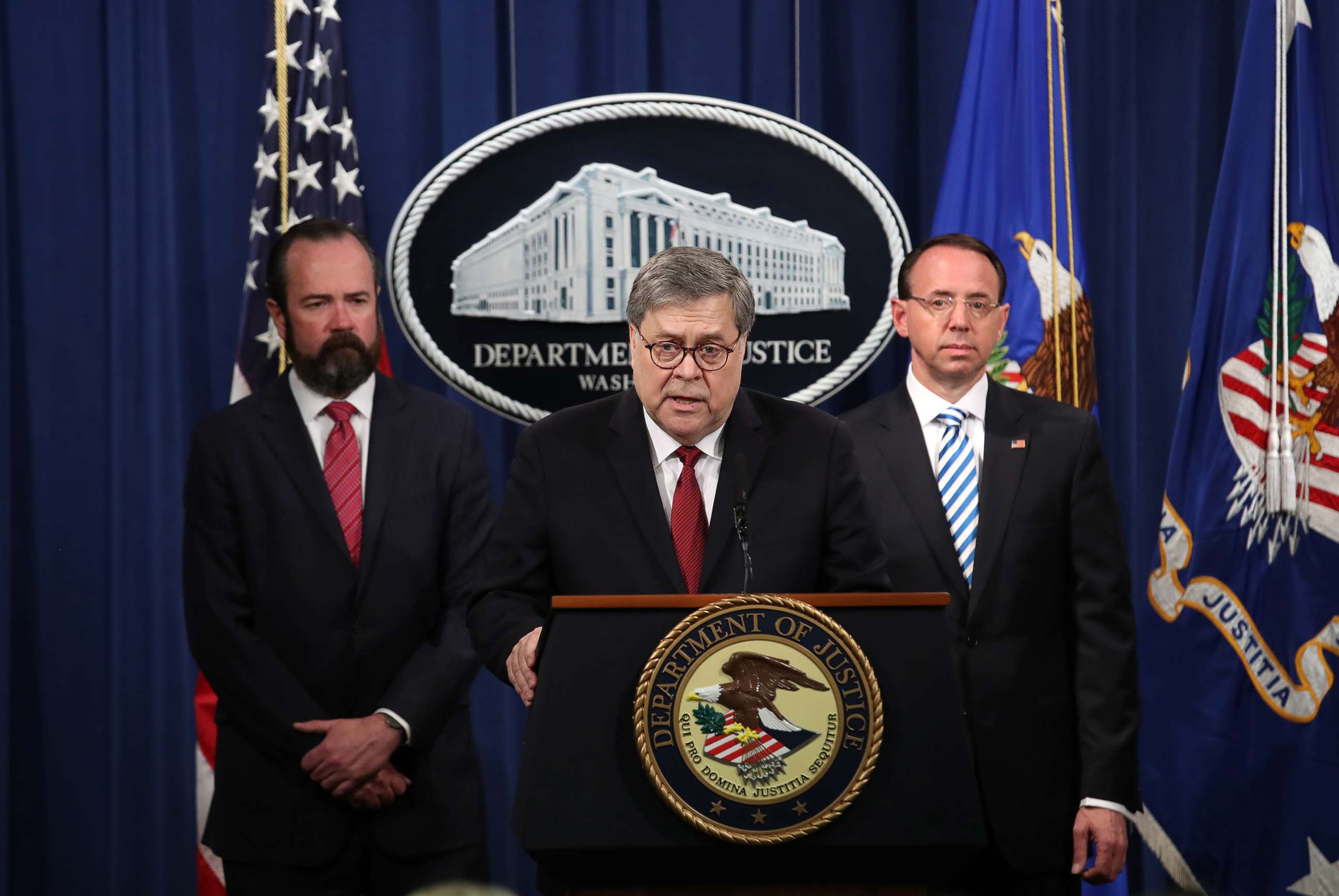 PHOTO: U.S. Attorney General William Barr speaks about the release of the redacted version of the Mueller report at the Department of Justice, April 18, 2019, in Washington, D.C.