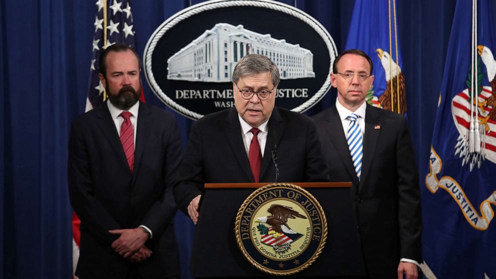 PHOTO: U.S. Attorney General William Barr speaks about the release of the redacted version of the Mueller report at the Department of Justice, April 18, 2019, in Washington, D.C.
