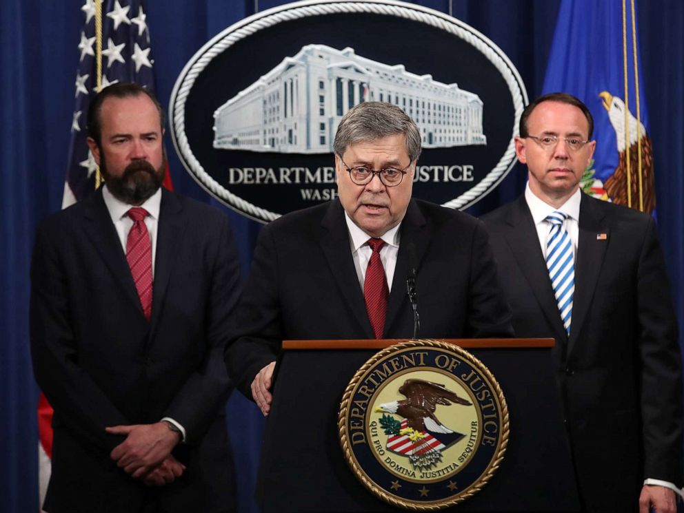 PHOTO: U.S. Attorney General William Barr speaks about the release of the redacted version of the Mueller report at the Department of Justice, April 18, 2019, in Washington, D.C.