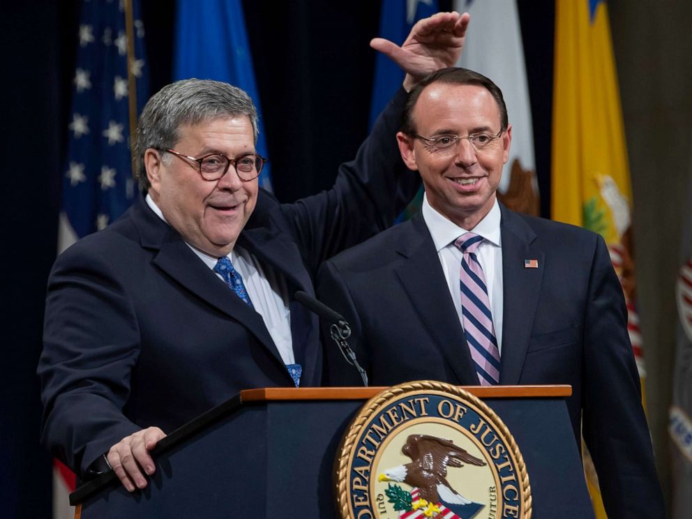 PHOTO: U.S. Attorney General William Barr gestures while making remarks with Deputy Attorney General Rod Rosenstein during a farewell event for Rosenstein at the Department Justice in Washington, D.C., May 9, 2019.