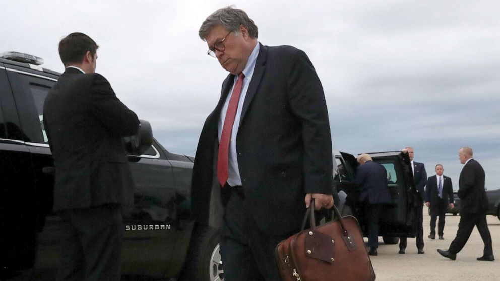 PHOTO: U.S. Attorney General Bill Barr walks to a waiting car upon arriving aboard Air Force One with President Donald Trump, following a day trip to Kenosha, Wis., after landing at Joint Base Andrews, Md., Sept. 1, 2020.