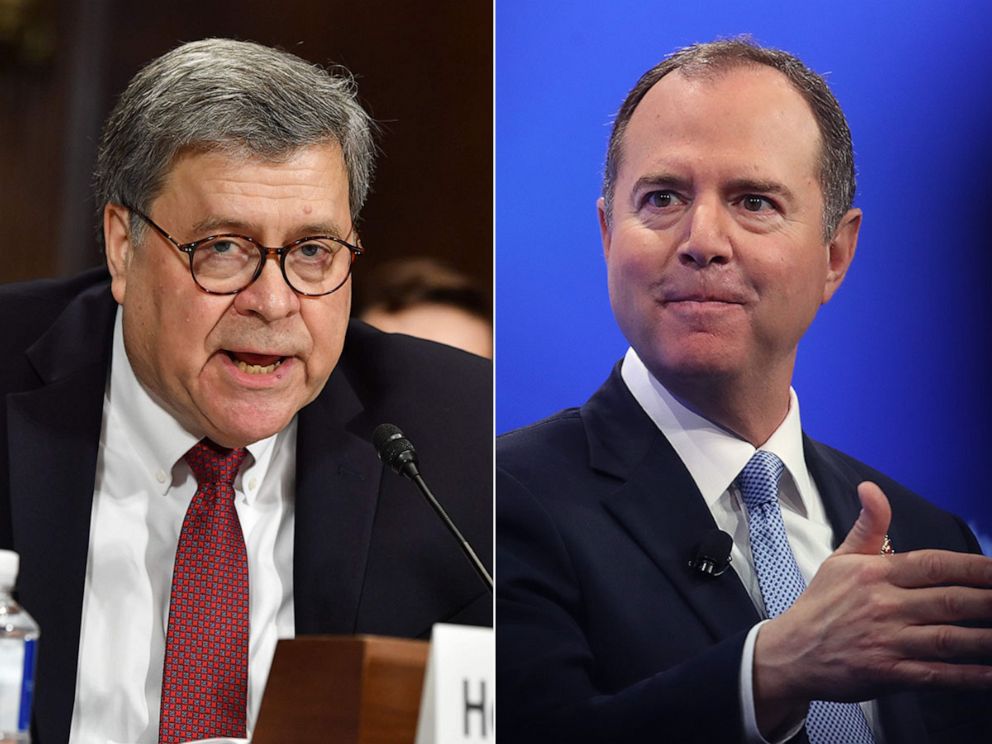 PHOTO: Attorney General William Barr testifies before the Senate Judiciary Committee on Capitol Hill, May 1,2019. House Intelligence Committee Chairman Rep. Adam Schiff (R) (D-CA) answers questions, April 30, 2019, in Washington, D.C. 