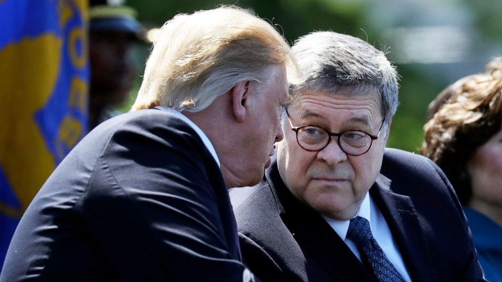 PHOTO: In this May 15, 2019 file photo, President Donald Trump and Attorney General William Barr attend the 38th Annual National Peace Officers' Memorial Service at the U.S. Capitol in Washington.
