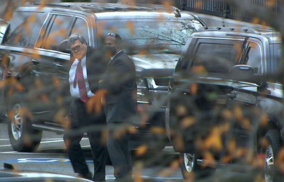 PHOTO: Attorney General William Barr arrives at the White House on Dec. 1, 2020 in Washington.