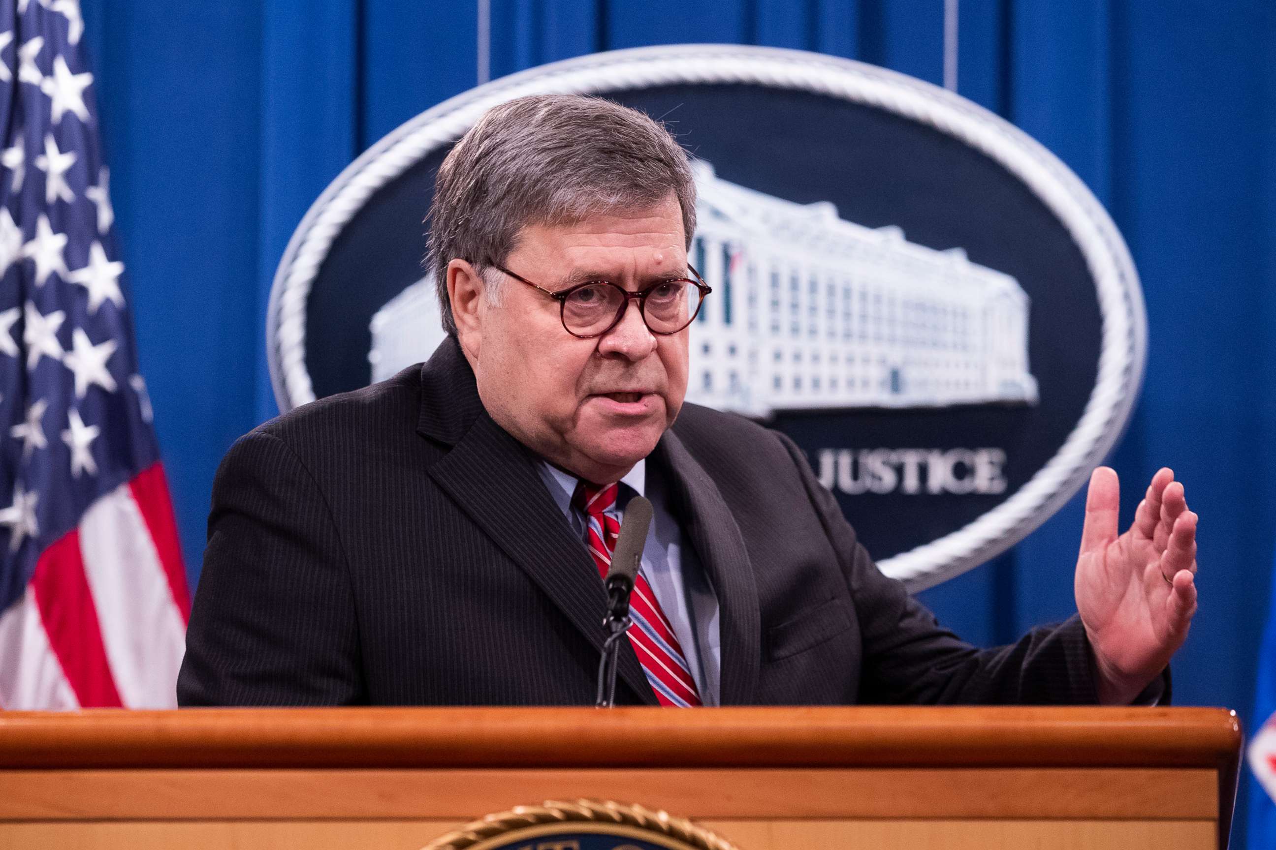 PHOTO: Attorney General William Barr speaks during a news conference, Dec. 21, 2020 at the Justice Department in Washington, D.C.