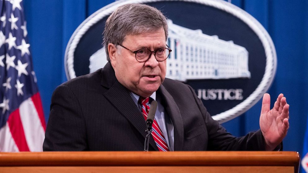 PHOTO: Attorney General William Barr speaks during a news conference, Dec. 21, 2020 at the Justice Department in Washington, D.C.