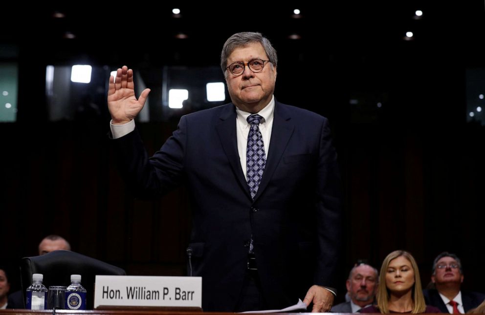 William Barr is sworn in to testify at the start of his U.S. Senate Judiciary Committee confirmation to be attorney general of the United States on Capitol Hill in Washington, Jan. 15, 2019.