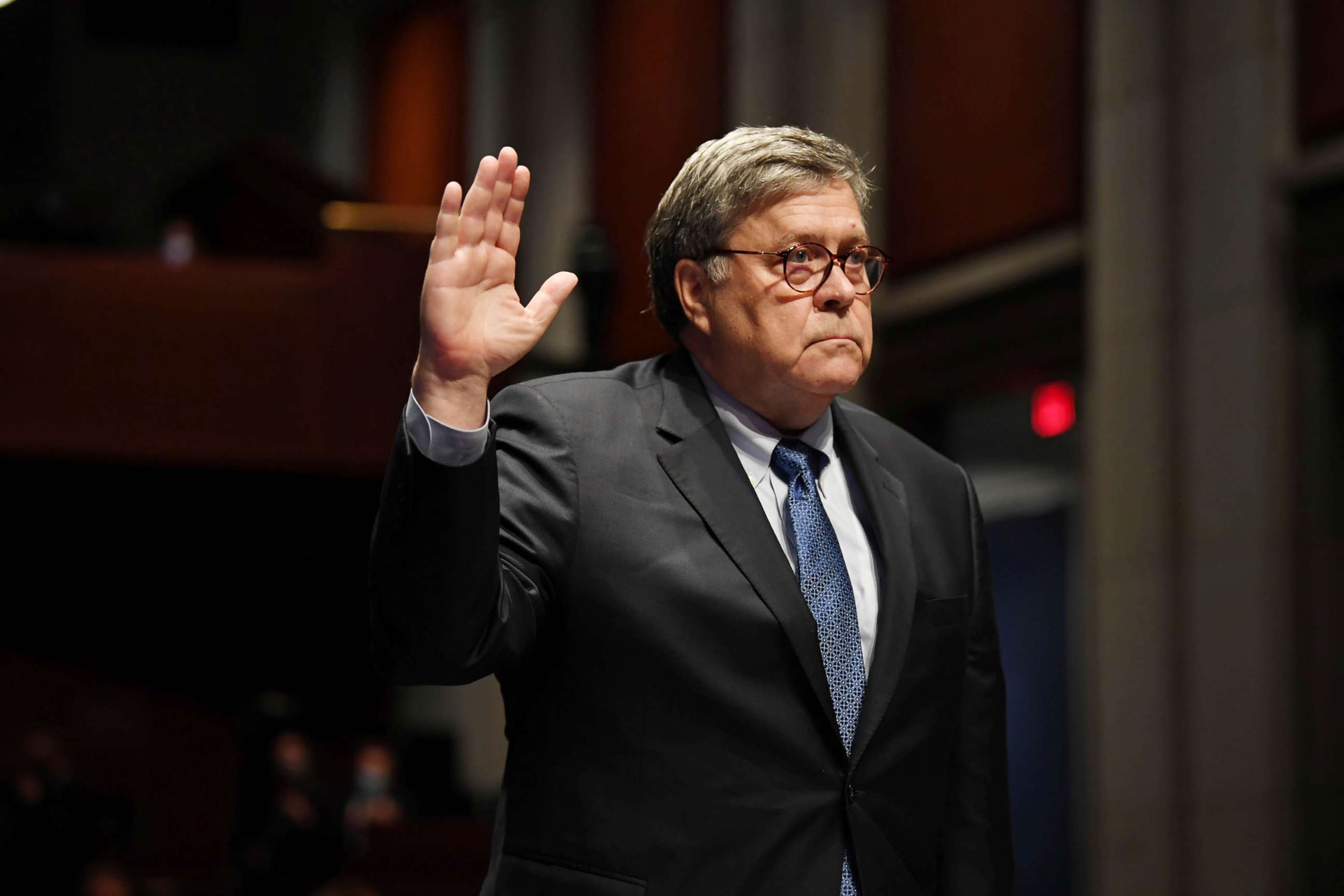 PHOTO: Attorney General William Barr takes the oath before he appears before the House Oversight Committee on Capitol Hill, in Washington, D.C., July 28, 2020.