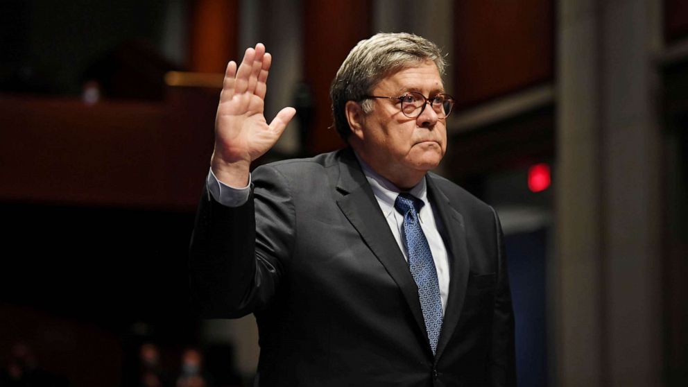 PHOTO: Attorney General William Barr takes the oath before he appears before the House Oversight Committee on Capitol Hill, in Washington, D.C., July 28, 2020.