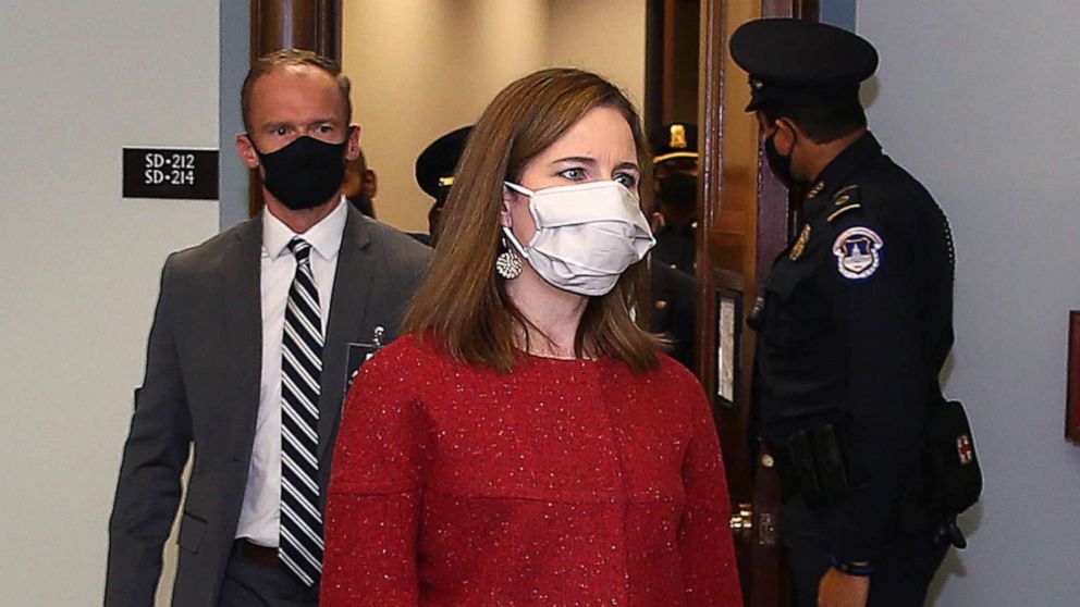 PHOTO: Supreme Court nominee Judge Amy Coney Barrett arrives for the second day of her Supreme Court confirmation hearing on Capitol Hill, Oct. 13, 2020, in Washington, D.C.