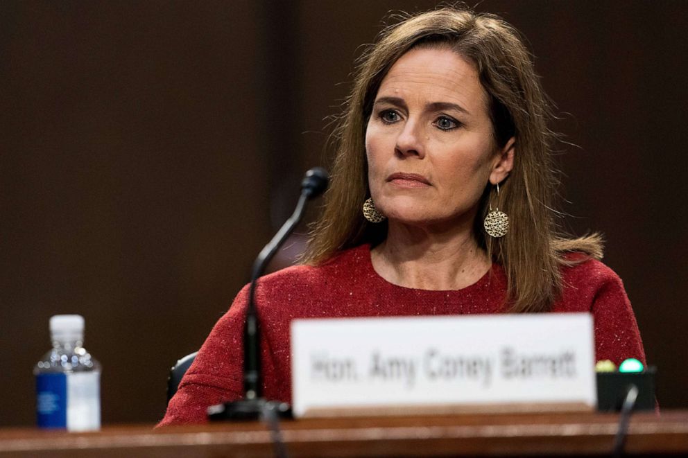 PHOTO: Supreme Court nominee Judge Amy Coney Barrett listens during her confirmation hearing before the Senate Judiciary Committee on Capitol Hill in Washington, DC, on Oct. 13, 2020.