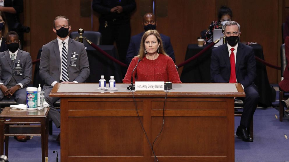 PHOTO: Supreme Court nominee Judge Amy Coney Barrett arrives to testify before the Senate Judiciary Committee on the second day of her Supreme Court confirmation hearing on Capitol Hill, Oct. 13, 2020, in Washington, D.C.