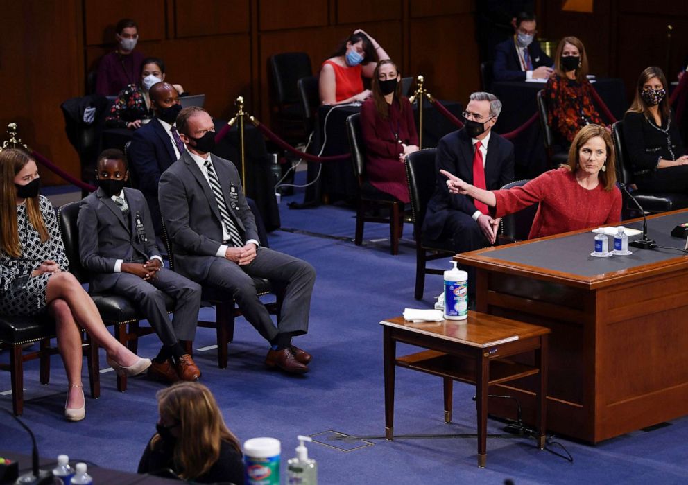 PHOTO: Supreme Court nominee Judge Amy Coney Barrett introduces her family during the second day of her Senate Judiciary committee confirmation hearing on Capitol Hill, Oct. 13, 2020, in Washington, D.C.