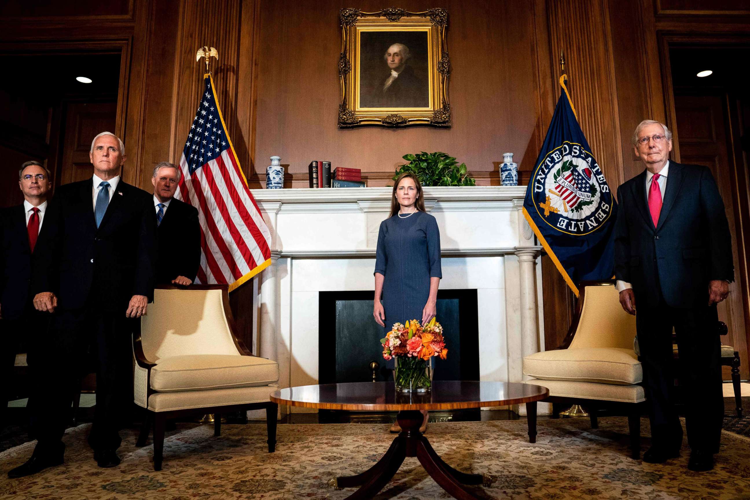 PHOTO: Judge Amy Coney Barrett, President Donald Trump's nominee to the Supreme Court, meets with Senate Majority Leader Mitch McConnell and Vice President Mike Pence in the Capitol in Washington, on Sept. 29, 2020. 