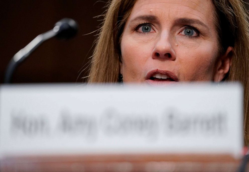 PHOTO: In this file photo Supreme Court nominee Judge Amy Coney Barrett testifies on the third day of her confirmation hearing before the Senate Judiciary Committee on Capitol Hill on October 14, 2020 in Washington, DC.