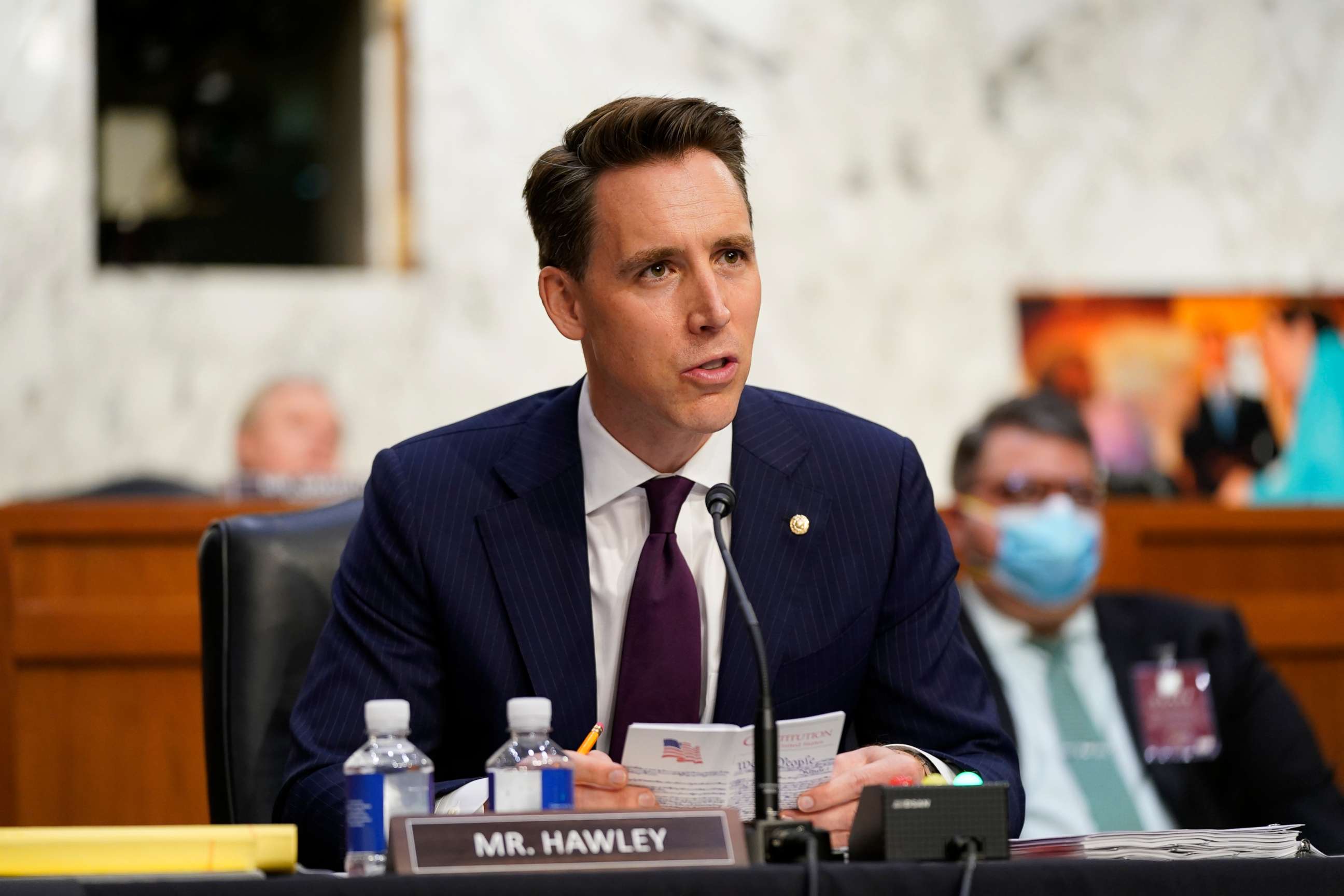 PHOTO: Sen. Josh Hawley speaks as Supreme Court nominee Judge Amy Coney Barrett testifies before the Senate Judiciary Committee on the second day of her confirmation hearing on Capitol Hill, Oct. 13, 2020.