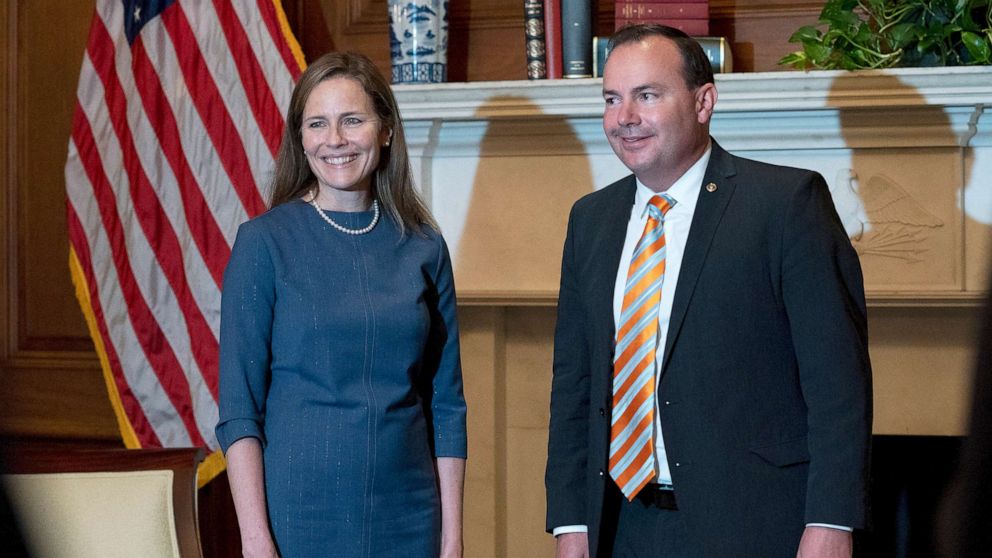 PHOTO: Judge Amy Coney Barrett, President Donald Trump's nominee to the Supreme Court, poses with Sen. Mike Lee, Sept. 29, 2020, at the Capitol in Washington.