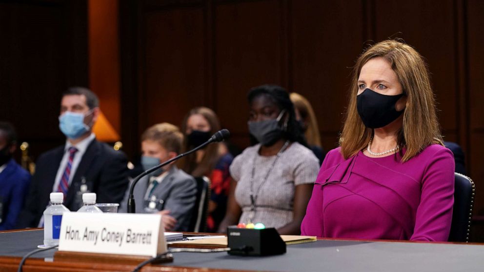 PHOTO: U.S. Supreme Court nominee Judge Amy Coney Barrett attends her Senate Judiciary Committee confirmation hearing on Capitol Hill in Washington, D.C., Oct. 12, 2020.