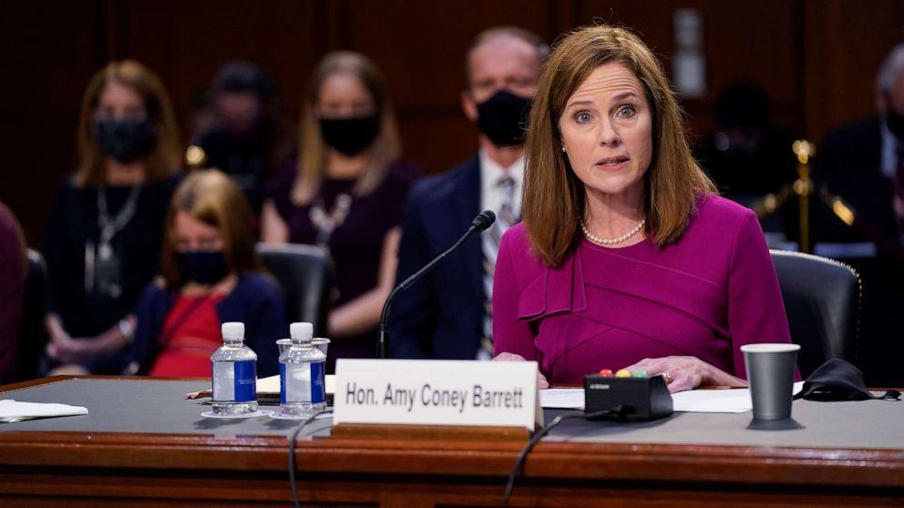 PHOTO: Supreme Court nominee Amy Coney Barrett speaks during her Senate Judiciary Committee confirmation hearing for Supreme Court Justice on Capitol Hill, Oct. 12, 2020, in Washington, D.C.