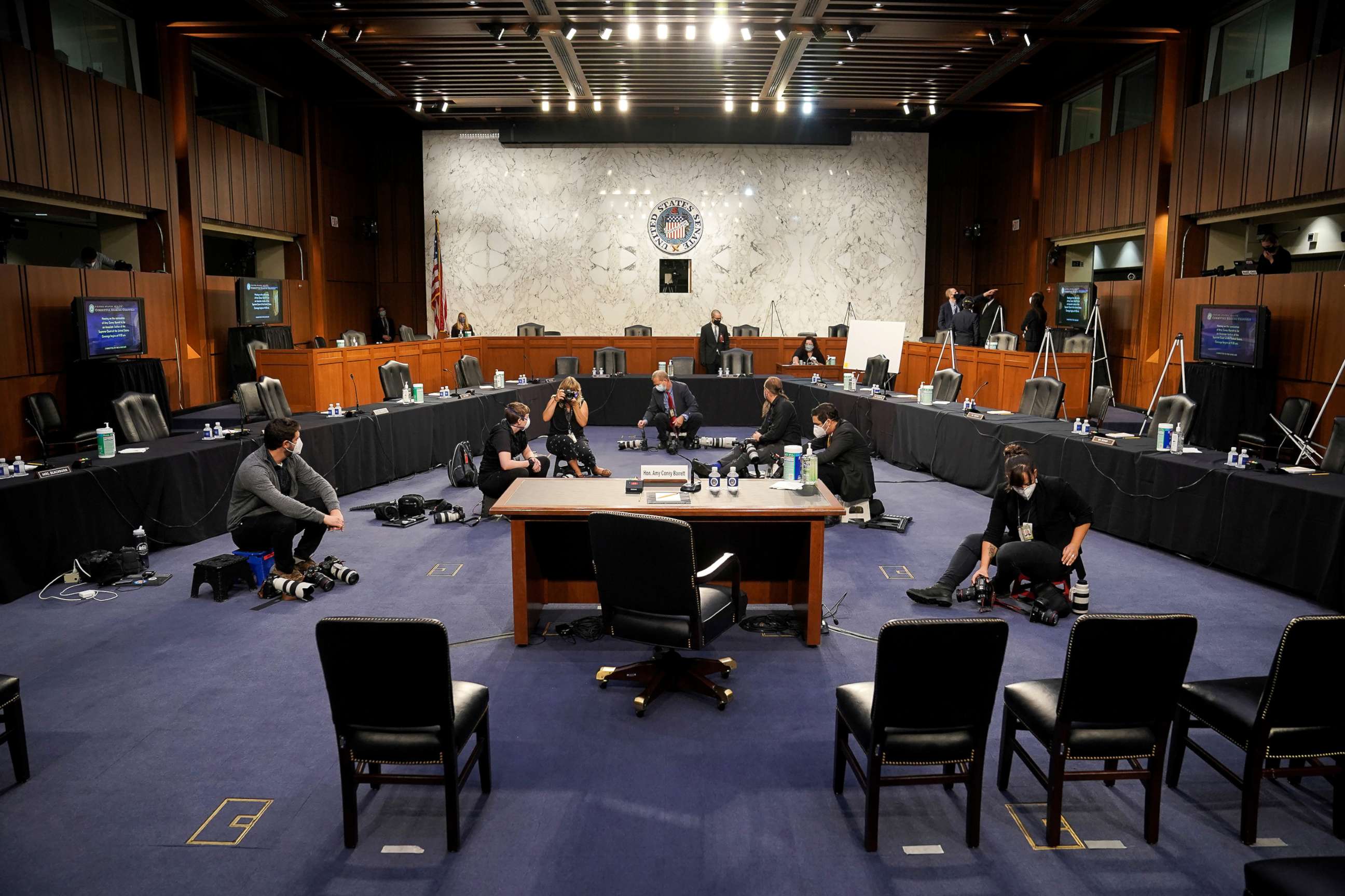 PHOTO: Preparations are made prior to a Senate Judiciary Committee confirmation hearing for  Supreme Court nominee Judge Amy Coney Barrett in Washington, D.C., Oct. 12, 2020.